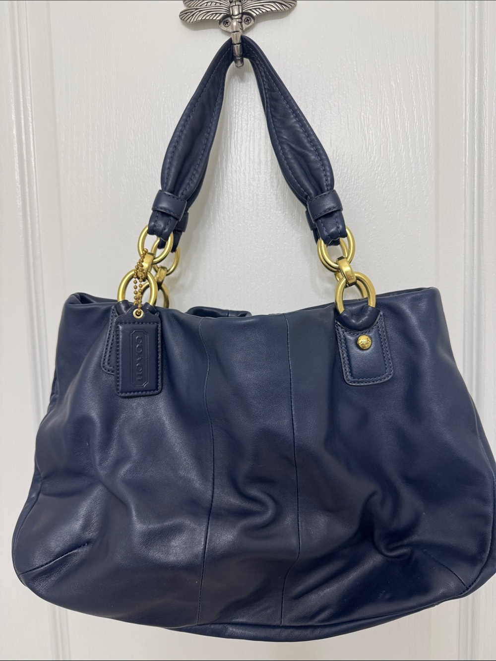 Coach Navy Leather Shoulder Tote with Gold-Tone Rings